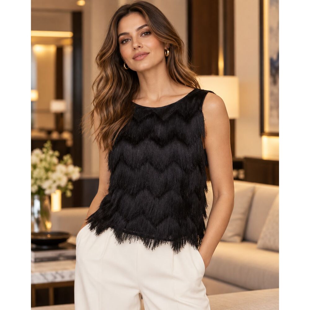BCBGMAXAZRIA Helina Fringe Tank Top Black Size M Textured